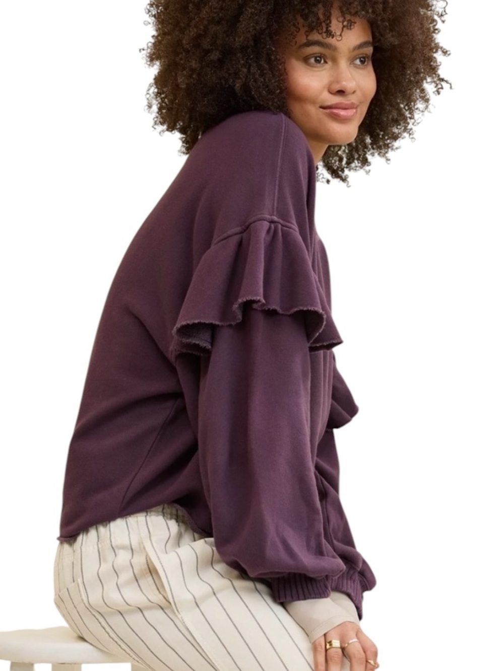 NEW Aerie Pullover Ruffled Sleeve Sweatshirt in Cool Berry